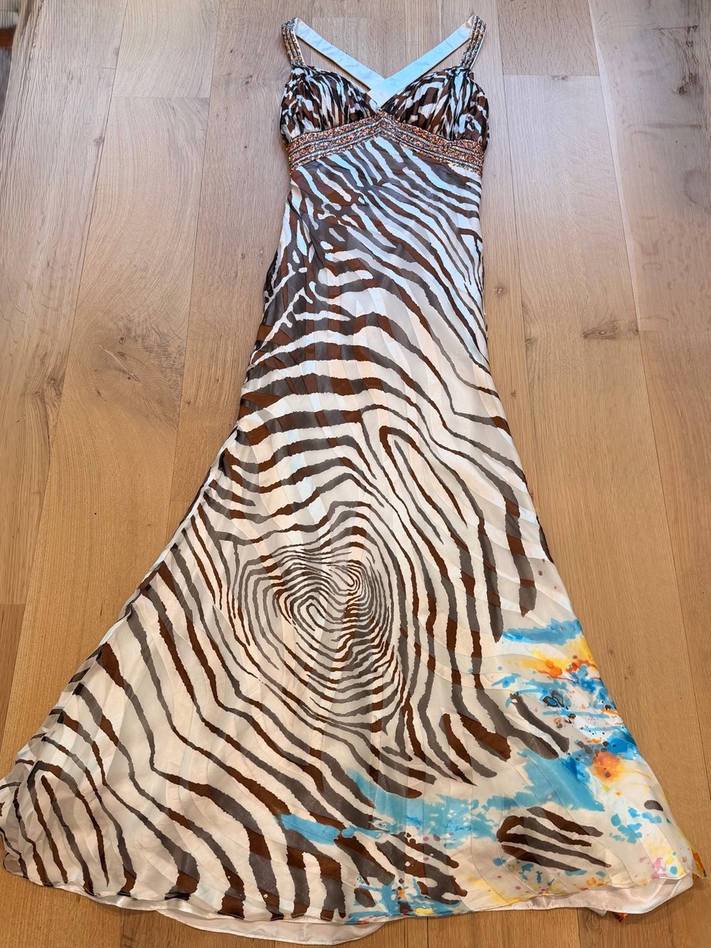Michelle Couture 100% Silk Beaded Animal Print Maxi Dress Size 10